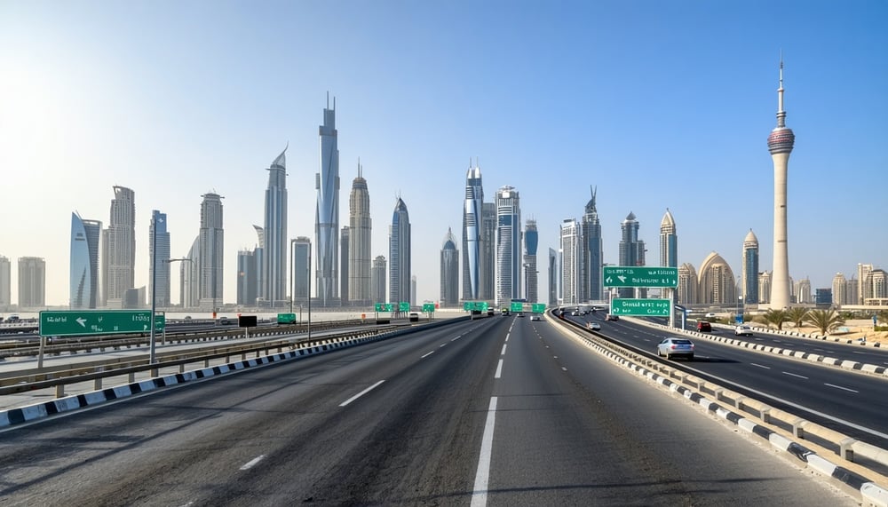 Dubai skyline with road network and toll gates