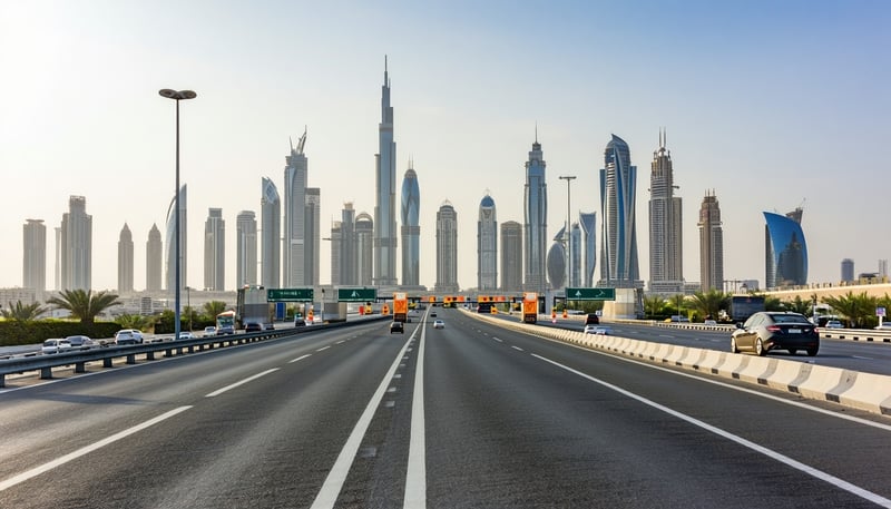 Dubai skyline and highway with toll gate